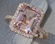 3Ct Emerald Cut Lab created Morganite Halo Engagement Ring 14K Rose Gold Plated