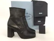 Size 40 PRADA Black Leather Block Heel Side Zip Stretch Bootie Heel Boots
