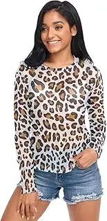 [RPLIFE] Leopard Print Brown White Mesh Shirts for Women, Printed Mesh Top S-XXL