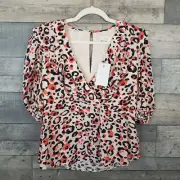 Ted Baker Leopard Print Blouse Top Size 1 UK 8 Pink Coral Frill Balloon Sleeve