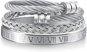 [WFYOU] 3PCS Stainless Steel Bracelets for Men Gold Roman Numeral Bangle Bracelet Adjustable Cuff Bracelet Mens Luxury Jewelry Bracelets Gifts