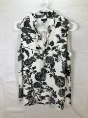 Talbots NWT Black White Floral Ruffle Sleeveless Bow Tie XS Tank Top Shirt