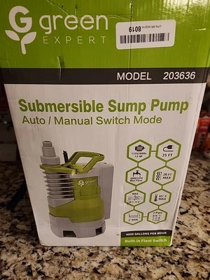 Green Expert 1 HP Submersible Sump Pump Stable Built-in Float Switch 4000GPH Fs