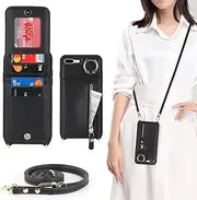 Cavor Vertical Flip Cover for iPhone 7 Plus Leather Case iPhone 8 Plus Case 5.5'' Crossbody Wallet Card Slots with 360°Rotation Ring Holder Kickstand & Long Shoulder Lanyard Strap-Black
