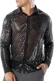 [KEOYA] Men Sequins Shirt Shiny Glitter Dress Shirt 70s Disco Metallic Top Club Party Costume Outfits
