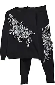 [UIOKLMJH] Autumn Knit Sweater Women Set Fashion Flower Long Sleeve Pullover Tops+Casual Pants Ladies 2 Piece Outfit