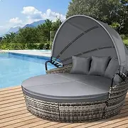 ALFORDSON Sun Bed with Adjustable Canopy, Rattan Outdoor Tanning Lounger Sofa with Fabric Seat Cushions & Pillows, Steel Frame Lounge Chair Furniture for Garden Pool Patio Backyard, 3PCs Combo, Grey