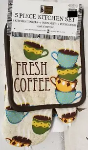 5pc Set: 2 POT HOLDERS, 2 TOWELS & 1 OVEN MITT, FRESH COFFEE CUPS STACK,brown,BH