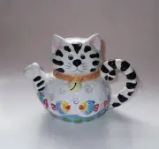 Cute Cat Teapot With Fish Ceramic Whimsical Vintage Black And White Striped ASC
