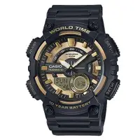 在飛比找松果購物優惠-【CASIO】10年電力世界時間膠帶雙顯錶-黑X金 (AEQ