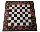 Chess Table Top Inlaid with Geometric Pattern Square Black Marble Corner Table