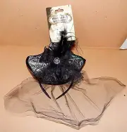 Halloween Witch Hat With Lace Headband Adult Size Black Spiderwebs Feathers 46Z