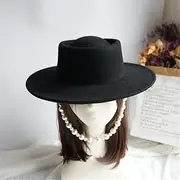 [Hcclijo] Wool Short Pearl Chain Lady Fedoras Cap Women Panama Jazz Hat