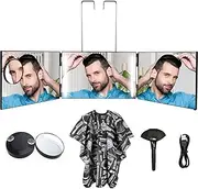 [Feisate] 3 Way Mirror with Rechargeable LED Lights, Barber Mirror Self Cut to See Back of Head, 360 Mirror Height Adjustable, 3 Way Mirror for Hair Cutting, Self Haircut Mirror Black