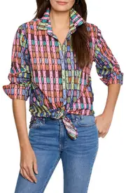 NIC+ZOE Rainbow Macaroon Crinkled Button-Up Shirt in Pink Multi at Nordstrom, Size Medium