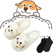 [Docxide] 2023 New Big Eye Dog Slippers, Tongue Kiss Slippers, Big Eye Dog Fun Cartoon Package Head Eva Slippers (5.5-6,White)