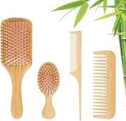 4PCS 100% Bamboo Hair Brushes and Comb Set, Comb for Women and Detangling, Great On All Hair, Eco-Friendly and Handmade for Women Men and Kids