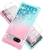 for Google Pixel 7A Case with Screen Protector*2, Clear Liquid Sparkle Glitter Floating Quicksand Phone Case, Soft TPU Bumper Shockproof Protective Google Pixel 7A Case for Women Girls, Pink/Blue