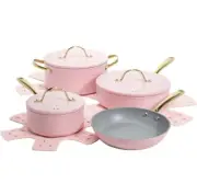 Pink Non Stick Gold Heart Nobs Cookware Set