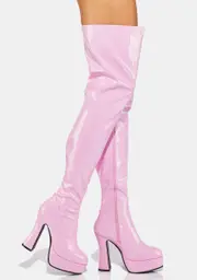 [Dolls Kill x Ellie Shoes] Pink Patent Thrill Thigh High Boots