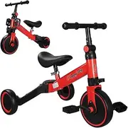 PORIYA Toy Balance Bike Scooter Tricycle,3 in 1 Toddler Kid Ride, with Adjustable Seat and Handle,1.5-4 Years Push Car for Indoor & Outdoor Use (Red)