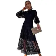 Women Dress Hollow Out Lace Stand Collar Bubble Sleeve Tight Waist See through Double layer Ankle Length Solid Color OL Commute Maxi Dress black 2XL
