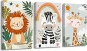 XLMDYYSW Nursery Canvas Wall Art Set of 3 Safari Animals Picture Giraffe Lion Baby Print Cute Jungle Animals Painting for Children's Room Bedroom Home Framed (Green, 12.00" x 16.00" x 3PCS)