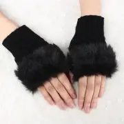 Black Faux Fur Fluffy Winter Warmer Fingerless Gloves Knitted Wool Mitten Vintag