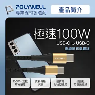 POLYWELL USB Type-C 100W 公對公快充線 充電線 編織線 可充筆電 安卓 平板 寶利威爾 台灣現貨