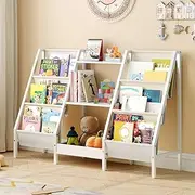 MAHANCRIS Kids Bookshelf and Toy Organizer, 3-Tier Kids Bookcase, Kids Sling Bookshelf, Toddler Toy Storage Organizer with Bookshelf, for Kids Room, Playroom, Bedroom, Nursery, White BKWT34201