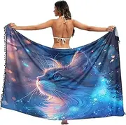[RPLIFE] Rainy Day Cat Blue Sarong Skirt Cover Up Fringe Beach Sarong Wraps for Women, Large, Rainy Day Cat Blue, Large