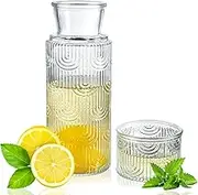 kanpura Bedside Water Carafe and Glass Set 28.5 OZ Glass Pitcher & 6.5 OZ Cup Vintage Glass Water Pitcher for Nightstand, Kitchen Mouthwash Container for Bathroom(Clear)