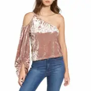 Leith Women XS Pink Adobe One-Shoulder Crushed Velvet Cold Shoulder Blouse Top