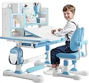 Sarkoyar Kids Functional Desk and Chair Set, Height Adjustable Children's Desk and Chair Set with 50-Degree Tiltable Desktop & Bookshelf and Storage Drawer, Ergonomic Children School Study Desk Blue