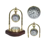 Antique Brass Table Hanging Clock with Wooden Compass Base - Silent Table Clock