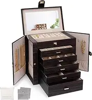 LIAN 6-Layer Large Jewelry Box with Big Mirror Functional Huge 5 Drawers Leather Jewelry Storage Case for Women Girls Ring Necklace Earring Bracelet Holder Organizer (Regular-Walnut)