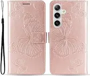 [Aitipy] Wallet Case for Samsung Galaxy A15 5G, Butterfly Pattern PU Leather Folio Flip Shell with Card Holder Slots Hand Strap, Shockproof Kickstand Protective Phone Cover for Women Girls, Rose Gold