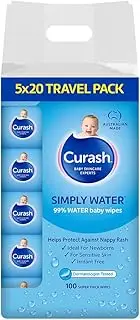Curash Simply Water Baby Wipes - Ideal for Newborns - pH Balanced - Thick and Soft Design - Soap, Alcohol, Paraben & Irritant Free - Wet Wipes - Travel Pack - Baby Essentials - 5x 20 packs, 100 Wipes