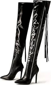 [Gikleihwy] Pointed Toe Tassel Thigh High Boots for Women's Sexy Leather Side Zip Dressy Booties for Ladies Retro Winter Windproof Party Stiletto Heel Shoe(8 US)