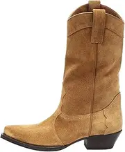 [YIYA] Western Suede Cowboy Boots Women's Classic Pointed Toe Cowgirl Boot Female Mid-Calf Booties for Women