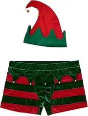 [TiaoBug] Mens Christmas Lingerie Set Elf Briefs Boxer Holiday Shorts Costume Underwear Outfits 2PCS with Elf Hat