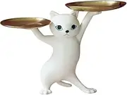 Lucky Cat Statue Candy Dish, Large Capacity Cat Tray Organizer, Key Bowl for Entryway Table, Minimalist White Resin Decorative Storage Tray, Suitable for Home, Office & Apartment Decor