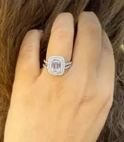 14K Solid White Gold Emerald Moissanite Engagement Ring And Band Halo 3.00ct