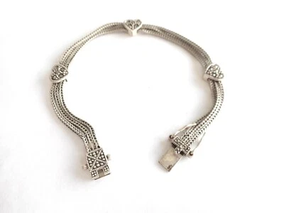 Vintage Heart Layered 925 Solid Sterling Silver Marcasite Bracelet 7" 1970's