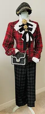 NWT Red Black Gold Tweed Blazer , Pants, Hat Size S/M