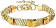 [Razzberry] Butterfly Gold Plated Waterproof Mesh Bracelet, Girls' Womens', Titanium Steel, 17cm + 5.5cm, with included Gift Pouch
