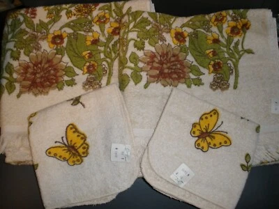 NEW Vintage Cannon 2 Washcloth & 2 Towels Flowers & Butterfly Tan (SU67A)