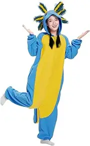 LANFAN Adult Onesie Axolotl Costume Pyjamas Men Women Unisex Cosplay Animal Plush Sleepwear Halloween Jumpsuit for Pyjamas, blue, L