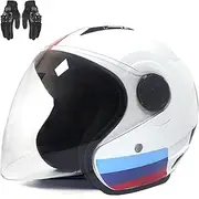 Motorcycle Open Face Helmet with Motorcycle Gloves Adult Retro 3/4 Scooter Helmet DOT/ECE Certified Lightweight Modular Half Helmet