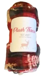 Christmas Fleece Throw Black Red Buffalo Check Blanket 50X60" Deer Pine Trees